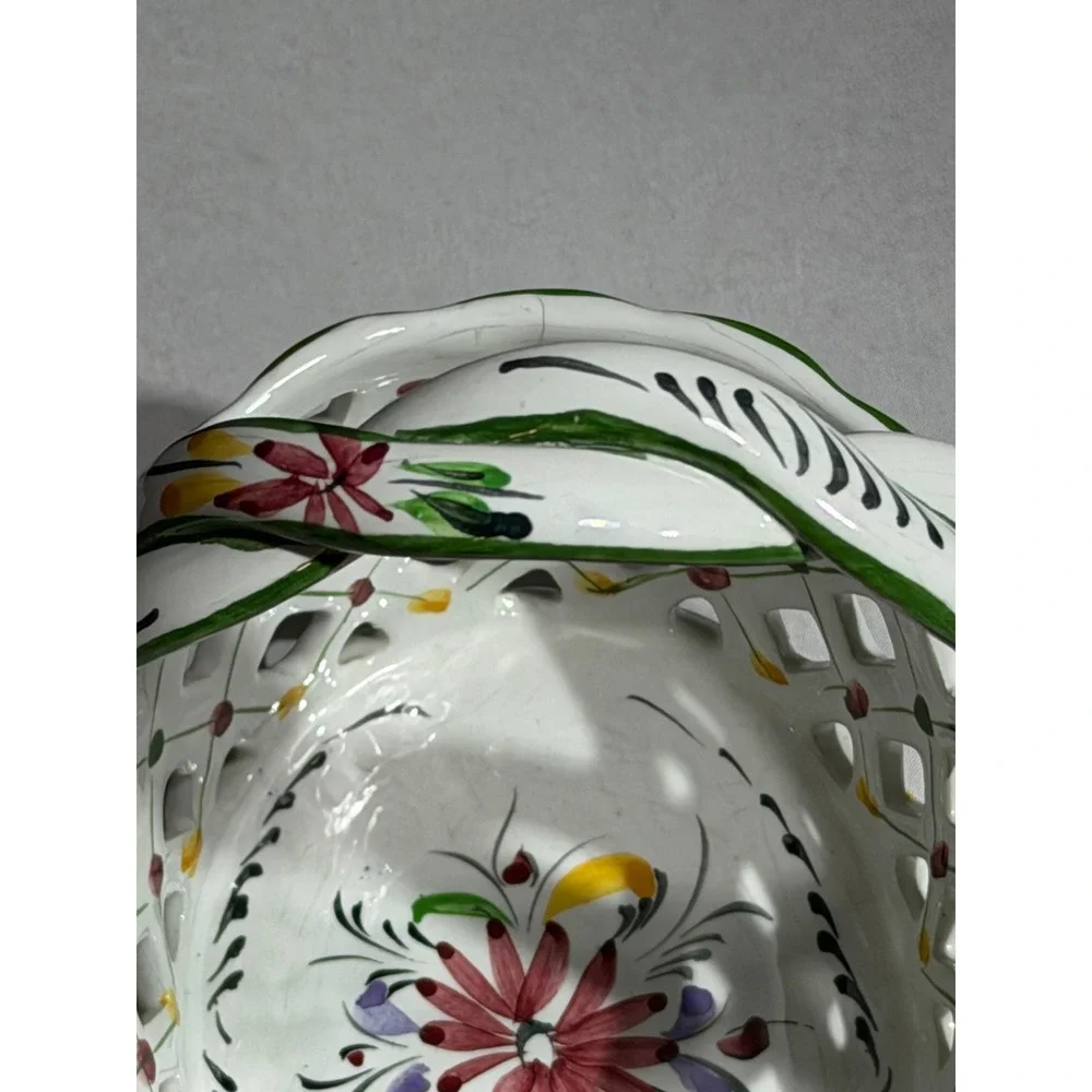 Vintage Hand Painted Portugal Ceramic Reticulated Lattice Floral Basket 406D